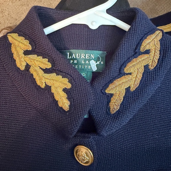 Vintage Ralph Lauren Knit Merino Wool Military Jacket Navy with Gold Leaf sz P - Picture 2 of 11